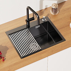 Auralum MAX Évier de Cuisine 1 Bac Noir,Évier Inox avec Égouttoir Énroulable/Distributeur Savon/Tamis Bouchon,Lavabo de Cuisine Kit, 2 Trous(58*45*18CM)