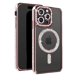 Avizar Coque Diamant pour iPhone 15 Pro Max Protection MagSafe Contour Strass Rose Champagne