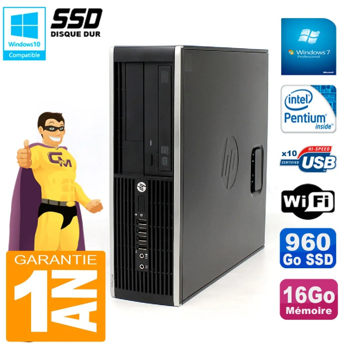 PC HP Compaq Pro 6200 SFF Intel G840 RAM 16Go 960 Go SSD Graveur Wifi W7 - Occasion