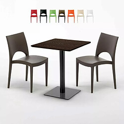 Grand Soleil Table carrée 60x60 pied noir et plateau bois avec 2 chaises colorées Paris Kiss - Marron