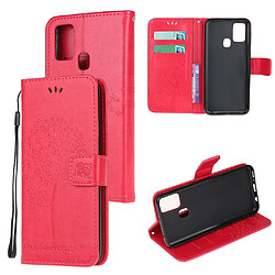 Etui en PU empreinte arbre hibou élégant avec support rouge pour votre Samsung Galaxy A21s