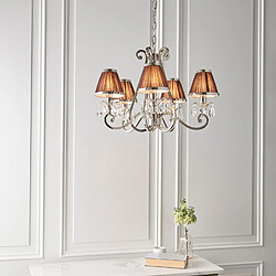 Avis Interiors 1900 Chandelier Oksana, nickel poli, pampilles cristal, 5 abat-jours chocolat