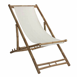 L'Héritier Du Temps Fauteuil Bain de Soleil Siège de Jardin Transat Bas Intérieur Extérieur en Bambou Naturel et Tissu Blanc 60x80x112cm