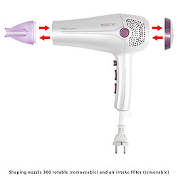 Sèche-Cheveux professionnel ionique 2 vitesses 3 temp cordon rétractable, 2000, Blanc/Violet, Proficare, HT3020 pas cher