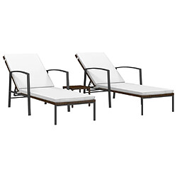 Helloshop26 Lot de 2 transats chaise longue bain de soleil lit de jardin terrasse meuble d'extérieur avec table résine tressée marron 02_0012129