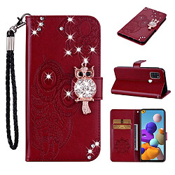 Etui en PU décor de strass imprimé hibou rouge pour votre Samsung Galaxy A21s