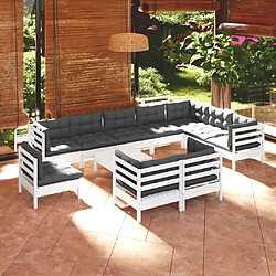 Maison Chic Salon de jardin 11pcs + coussins - Mobilier/Meubles de jardin - Table et chaises d'extérieur blanc bois de pin solide -MN60770