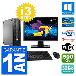 PC HP 800 G2 SFF Ecran 27" Intel i3-6100 RAM 32Go Disque 500Go Windows 10 Wifi - Occasion