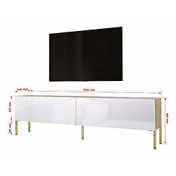 Avis 3XELIVING Meuble TV en couleur Chêne wotan / Blanc Brillant avec pieds droits en or, D: l : 170 cm, H : 52 cm, P : 32 cm