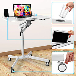 Duronic Table de travail mobile blanc WPS57 | Support à roulettes pour PC ou projecteur | Support de tablette et porte gobelet | Surface 70 x 52 cm | Hauteur ajustable 72 – 105 cm | Capacité 10 kg