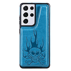 Coque en TPU + PU motif crâne imprimé, anti-chute avec béquille et porte-carte bleu pour votre Samsung Galaxy S21 Ultra 5G