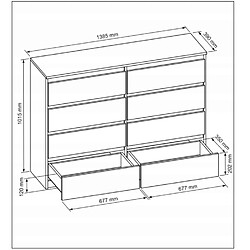 3xeLiving Commode DEMII avec 8 tiroirs en blanc/blanc brillant, 140 cm