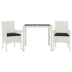 vidaXL Ensemble à manger de jardin et coussins 3 pcs blanc rotin verre