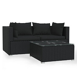 vidaXL Salon de jardin 3 pcs avec coussins Noir Résine tressée