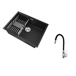 Auralum Max Évier Cuisine 1 Bac 60*44*20CM,inox 304,à Encastrer/sous-plan avec Panier Drainage,Noir+Mitigeur Évier avec Bec Flexible,Rabattable