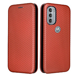 Coque en TPU + PU texture en fibre de carbone avec béquille en anneau et porte-carte orange pour votre Motorola Moto G31/G41