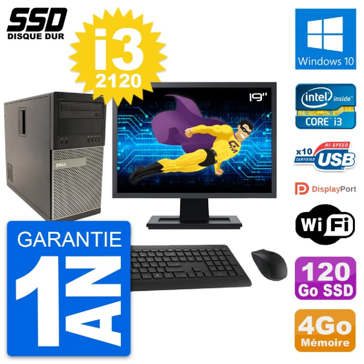 PC Tour Dell 790 MT Ecran 19" Intel i3-2120 RAM 4Go SSD 120Go Windows 10 Wifi - Occasion