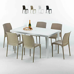 Table Rectangulaire Blanche 150x90cm Avec 6 Chaises Colorées Grand Soleil Set Extérieur Bar Café Boheme SummerLIFE, Couleur: Beige