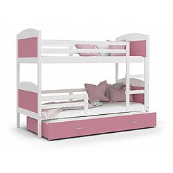 Acheter Kids Literie Lit Superposé 3 Places Mateo 90x190 Blanc - rose Livré avec sommiers, tiroir et matelas en mousse de 7cm