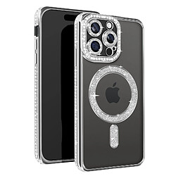 Avizar Coque Diamant pour iPhone 15 Pro Max Protection MagSafe Contour Strass Argent