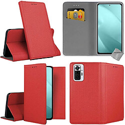 Htdmobiles Housse etui portefeuille avec coque intérieure en silicone pour Xiaomi Redmi Note 10 Pro + verre trempe - ROUGE MAGNET