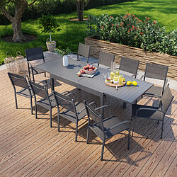 Avril Paris Table de jardin extensible en aluminium 270cm + 10 fauteuils empilables textilène anthracite - MILO 10 