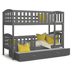 Kids Literie Lit Superposé 3 Places Teo 90x190 Gris - gris Livré avec sommiers, tiroir et matelas en mousse de 7cm