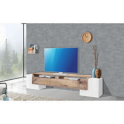 Alter Meuble TV de salon, Made in Italy, Meuble TV avec 3 portes et étagères, 210x45h45 cm, Couleur blanc brillant et érable