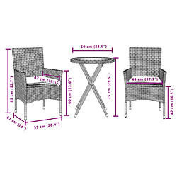 vidaXL Ensemble de bistro avec coussins 3 pcs marron rotin et verre pas cher