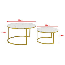 Helloshop26 Set de 2 tables basses rondes gigognes effet marbre blanc doré 03_0008355