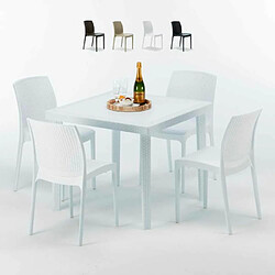 Table Carrée Blanche 90x90cm Avec 4 Chaises Colorées Grand Soleil Set Extérieur Bar Café Boheme Love, Couleur: Blanc