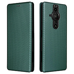 Coque en TPU + PU texture en fibre de carbone, auto-absorbant, fermeture magnétique avec support et lanière vert pour votre Sony Xperia Pro-I