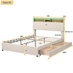 Acheter KOMHTOM Lit Double Rembourré 140 X 200 cm 2 Tiroirs Avec Espace De Rangement - Tête De Lit Avec Chargement Usb et LED - Beige