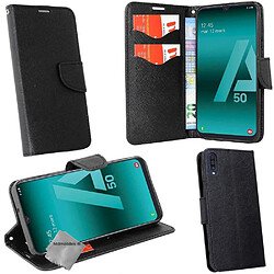 Htdmobiles Housse etui portefeuille pour Samsung Galaxy A50 + film ecran - NOIR / NOIR