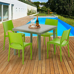 Grand Soleil Table carrée beige + 4 chaises colorées Poly rotin synthétique Elegance, Chaises Modèle: Paris Vert