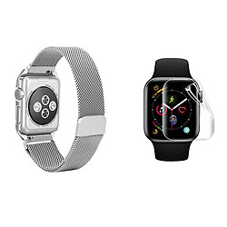 Kit Bracelet Boucle Milanaise Fermeture Magnétique + Film Gel Couverture Complète Phonecare Compatible avec Apple Watch Series 10 - 46mm - Gris / Transparent