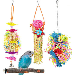 Lot de 4 jouets pour perroquets pour oiseaux, broyeur à mâcher coloré, déchiqueter les jouets de recherche de nourriture à suspendre pour perruche, conure, calopsitte, mynah, inséparables, pinsons, petits et moyens oiseaux de compagnie