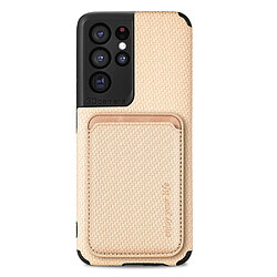 Coque en TPU + PU texture en fibre de carbone avec porte-carte kaki pour votre Samsung Galaxy S21 Ultra 5G