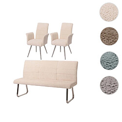 Mendler Set de salle à manger HWC-G55, set de 2 chaises avec accoudoirs+banc 180cm, inox brossé tissu/textile chenille ~ crème