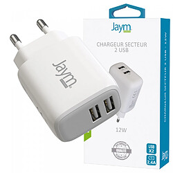 Jaym - Chargeur Rapide 12w 2 Usb 2,4a pour Apple iPhone, Samsung, Android, Macbook, Tablettes - Blanc pour iPad Pro, iPhone 15/14/13 Plus Pro Max, Galaxy S24/S23/S22, Note20,Pixel, Apple Watch, etc.