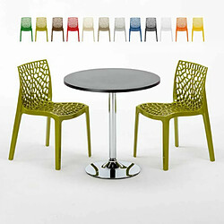 Grand Soleil Table Ronde Noir et 2 Chaises Colorées P