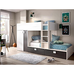 Vente-Unique Lits Superposés 2 x 90 x 190 cm - Armoire intégrée - Blanc, naturel et anthracite + matelas - JUANITO