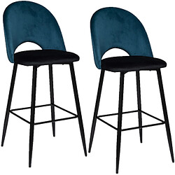 Toilinux Lot de 2 Chaises de bar effet velours Kara - Hauteur d'assise 76 cm - Bleu canard