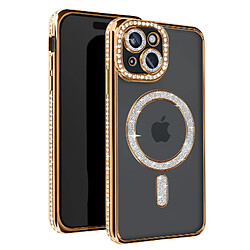 Avizar Coque Diamant pour iPhone 15 Protection MagSafe Contour Strass Dorée