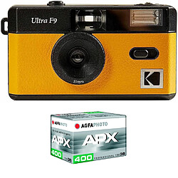 KODAK Pack F9 Argentique + Pellicule 400 ASA - Appareil Photo Kodak Rechargeable 35mm Jaune, Objectif Grand Angle Fixe, Viseur optique , Flash Intégré + Pellicule APX 00, 36 poses - Jaune