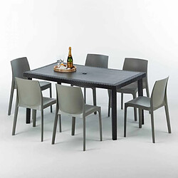 Grand Soleil Table rectangulaire et 6 chaises Poly rotin colorées 150x90cm noir Enjoy, Chaises Modèle: Rome gris