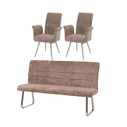 Decoshop26 Lot de 2 chaises de salle à manger avec accoudoirs + banc 180 cm inox brossé en tissu chenille marron 04_0008286