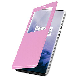 Avizar Housse Oneplus 7 Pro Étui Fenêtre Translucide Stand Vidéo rose