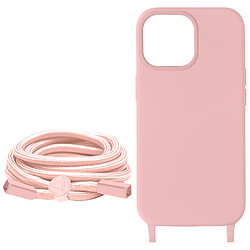 Avizar Coque Cordon pour iPhone 15 Pro Lanière Tour du Cou 80cm série Corda Rose