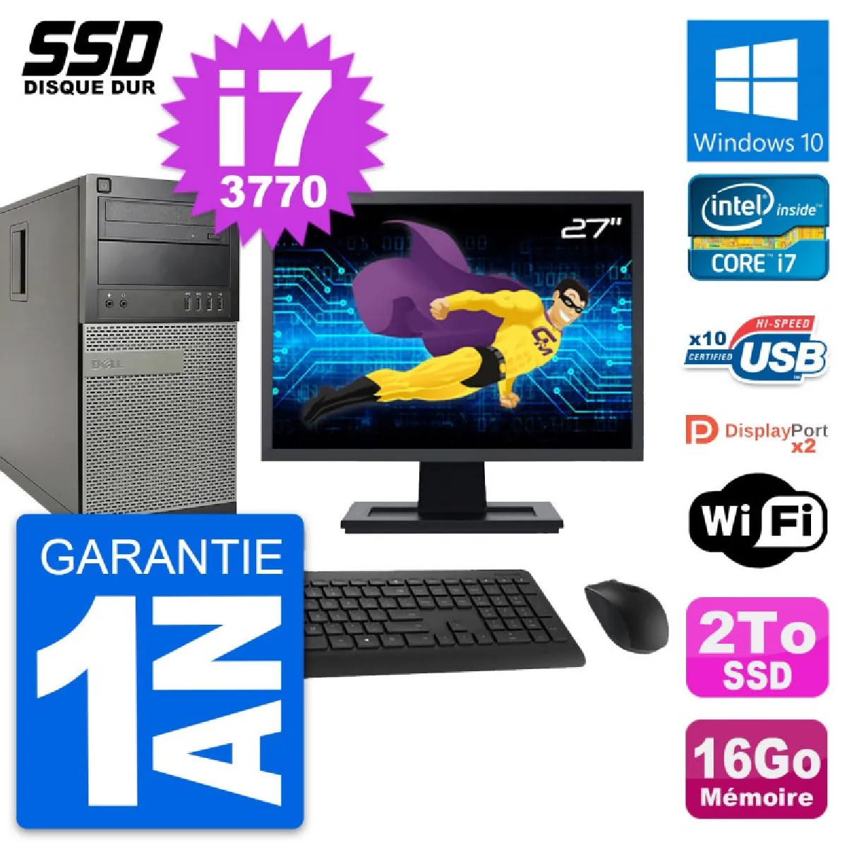 PC Tour Dell 9010 Ecran 27" Intel Core i7-3770 RAM 16Go SSD 2To Windows 10 Wifi - Occasion